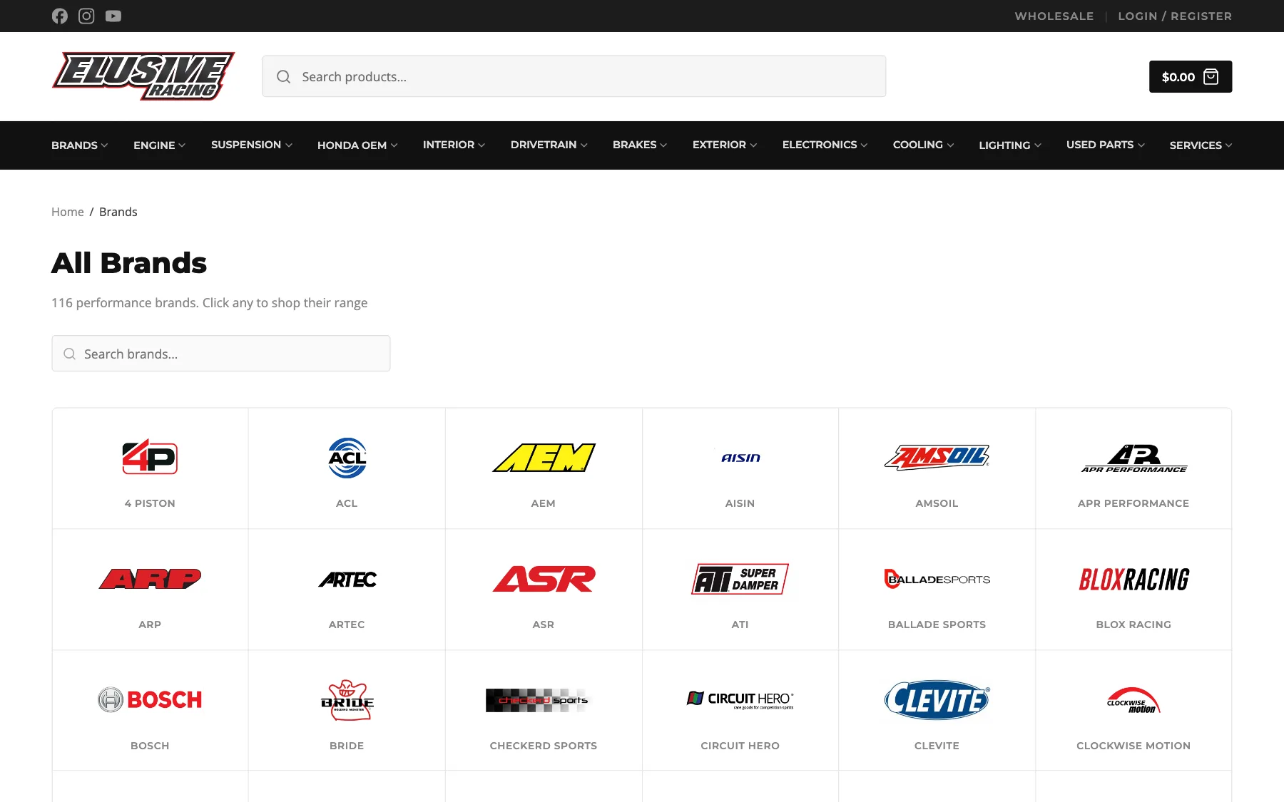 Elusive Racing brands page: a searchable grid of 116 brand logos