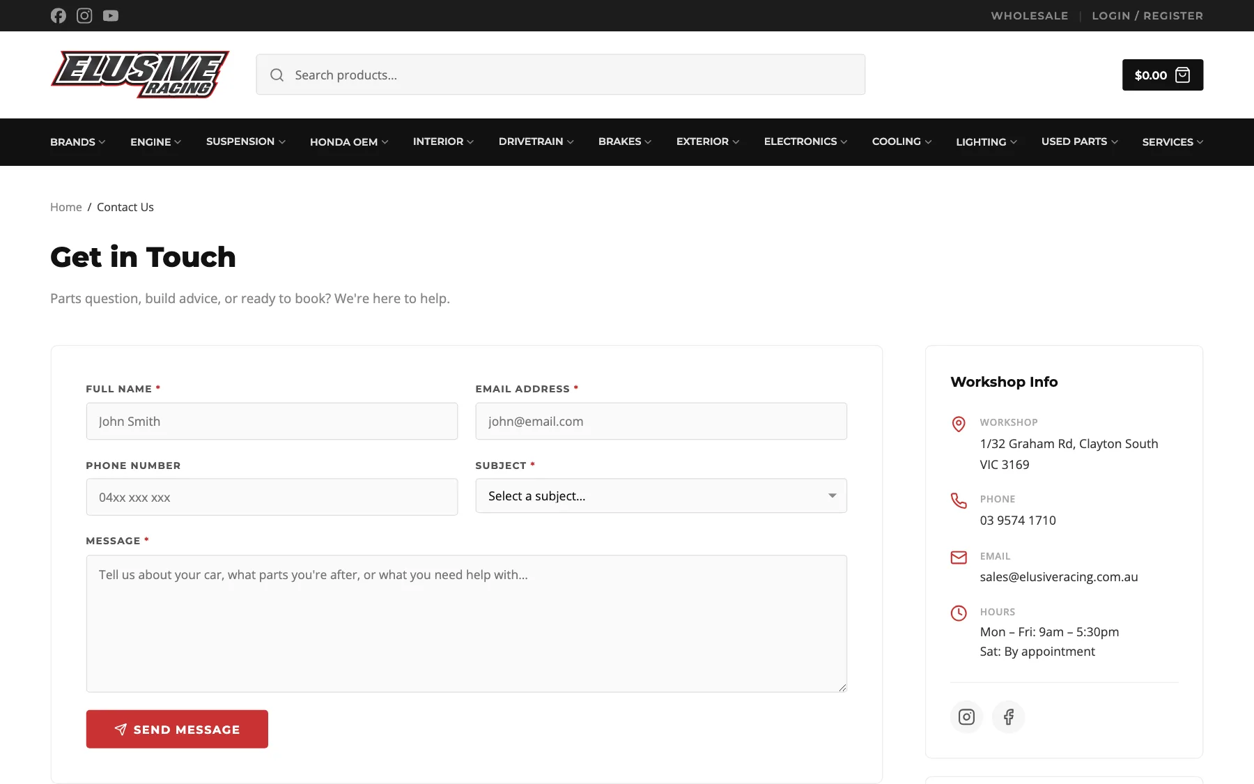 Elusive Racing contact page: an enquiry form beside the workshop address and hours