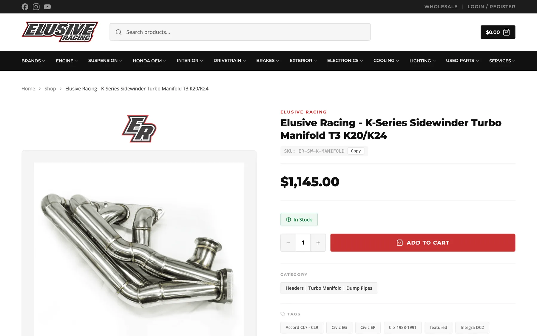 Elusive Racing product page for a K-Series turbo manifold: SKU, price, stock and fitment tags