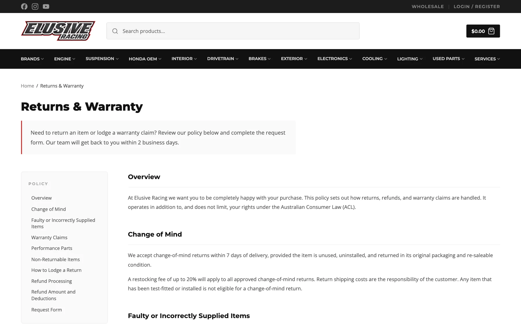 Elusive Racing returns and warranty policy with a section index