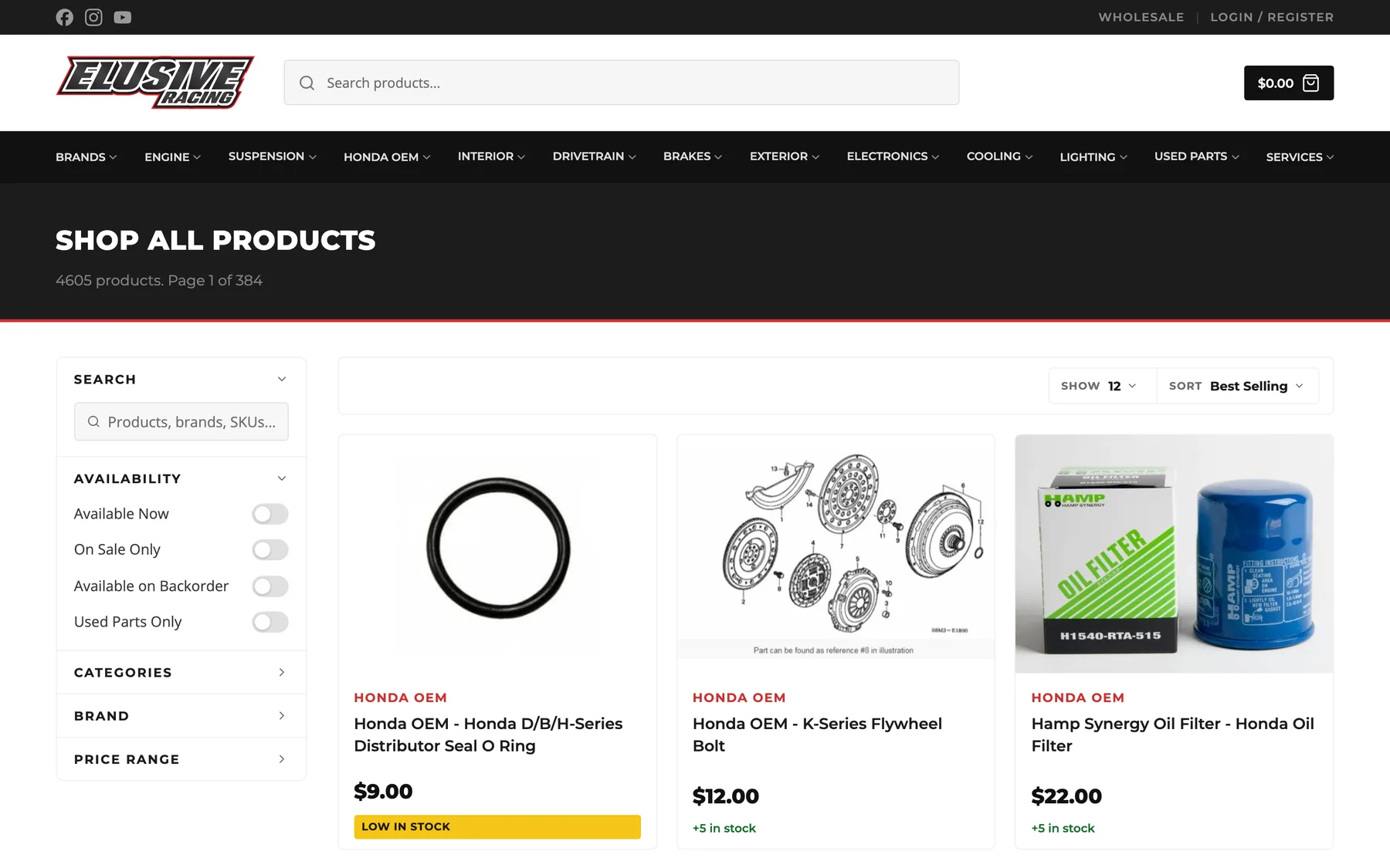 Elusive Racing shop page: 4,605 products with search and filters
