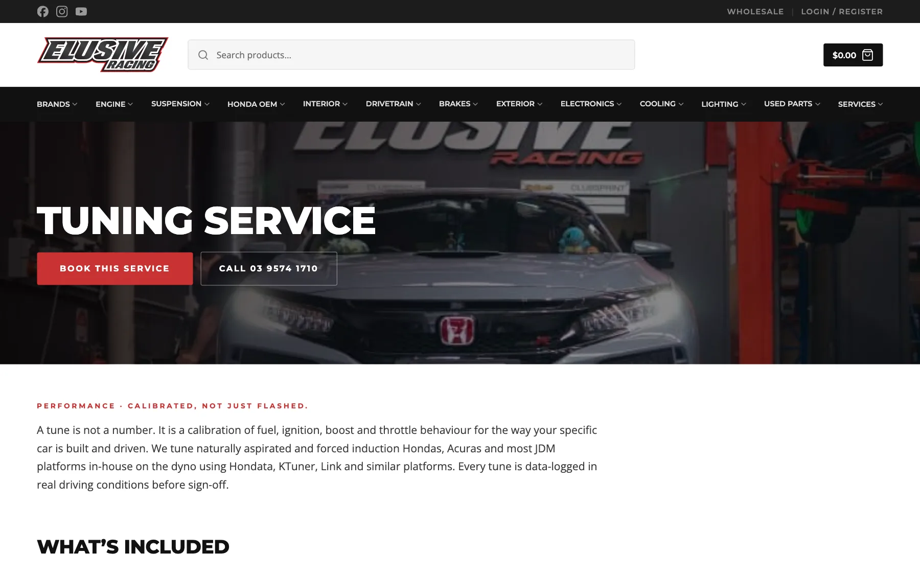 Elusive Racing tuning service page with Book This Service and call buttons