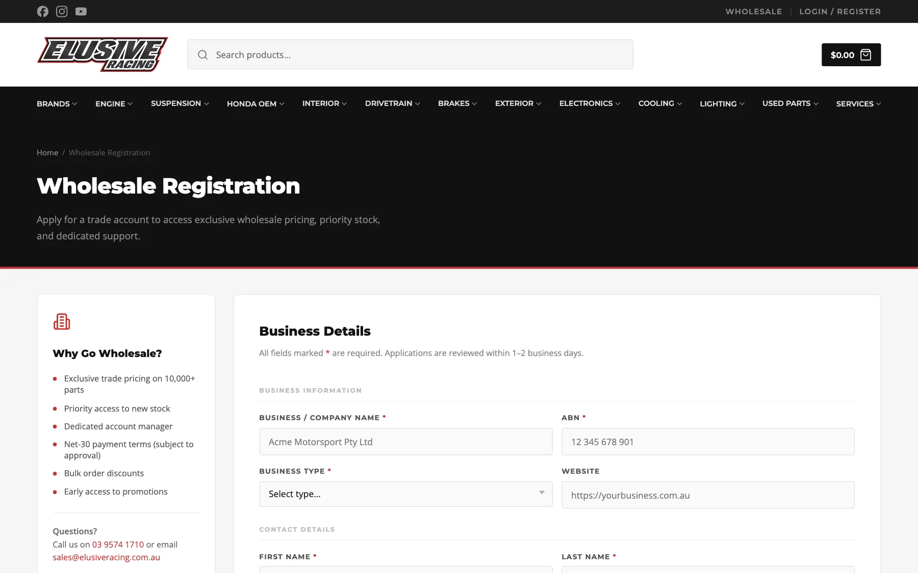 Elusive Racing wholesale registration form for trade accounts