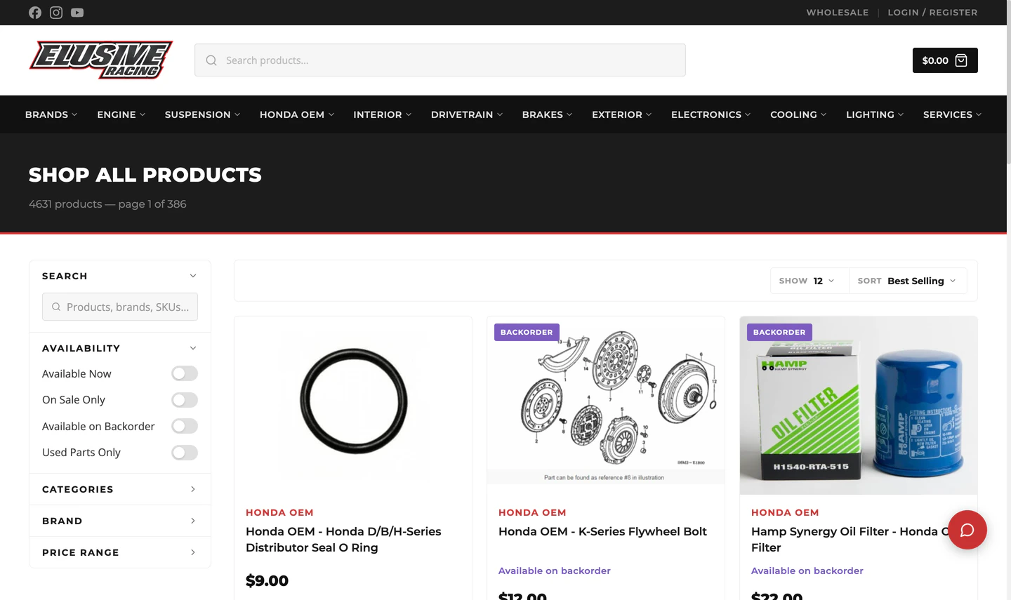 The Elusive Racing shop we built — a product grid with photos, pricing, and stock for thousands of Honda performance parts.