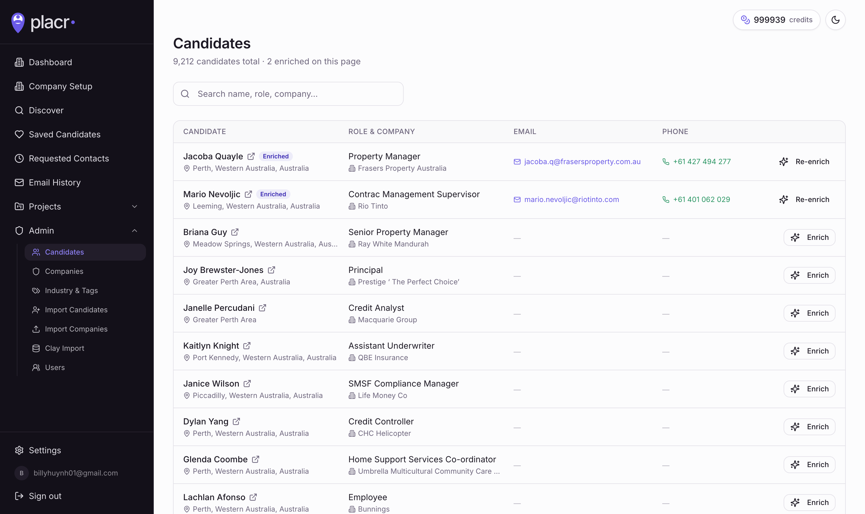Admin view — 9,000+ candidates, paged, searchable, re-enrichable.