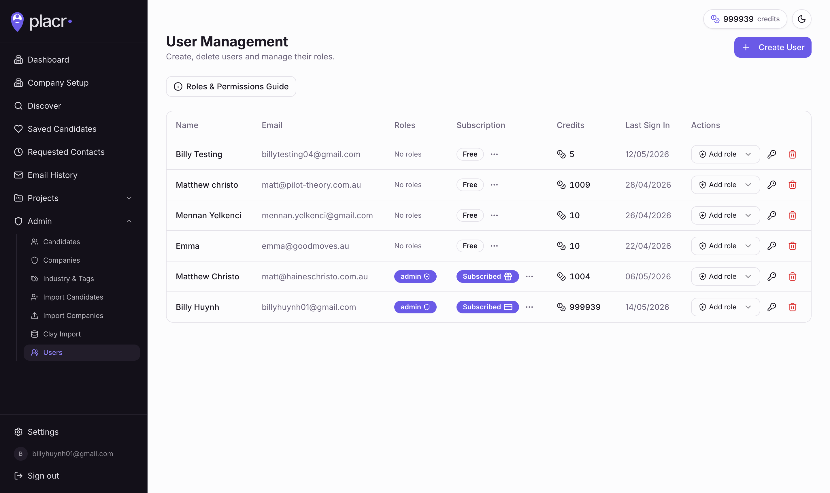 User management — roles, subscriptions, and credit grants in one table.