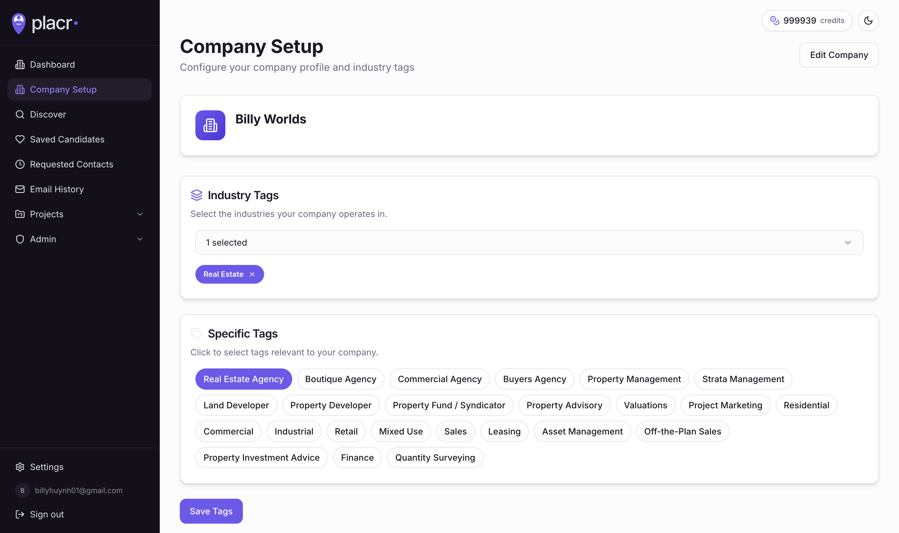 Company setup — industries and tags drive every search.
