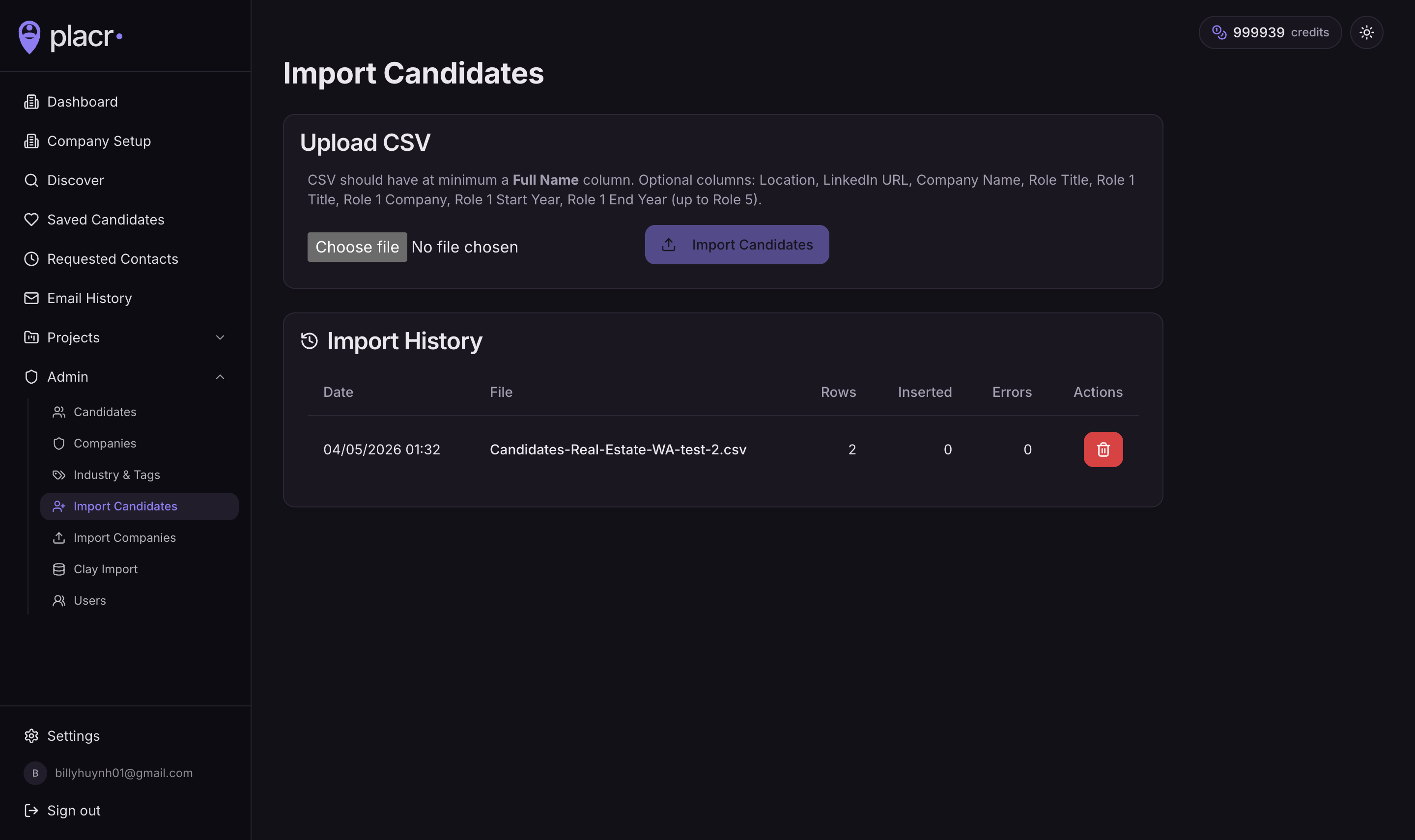 CSV import — bulk-load candidates with optional role history columns.