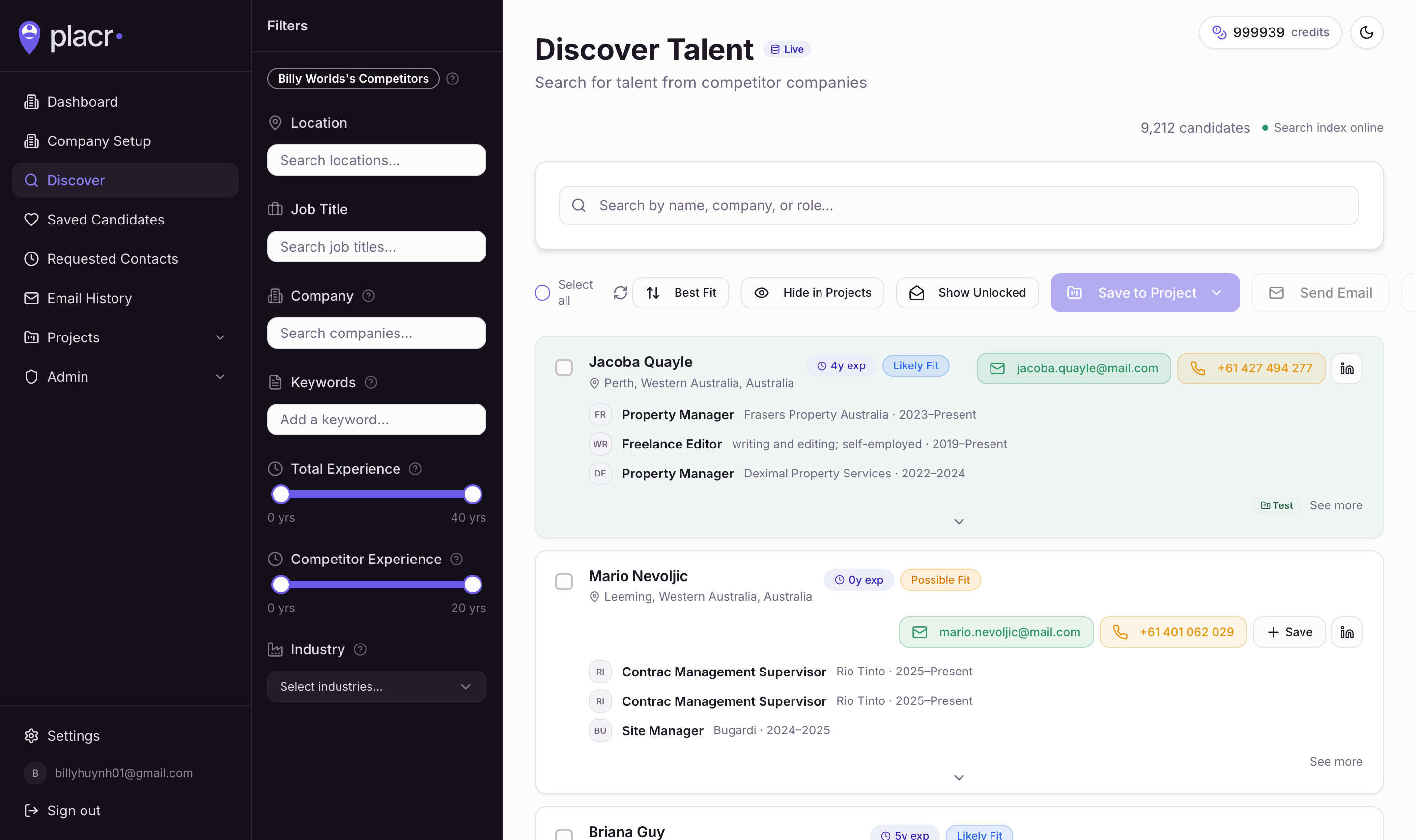 Discover — search candidates by competitor, role, and experience.