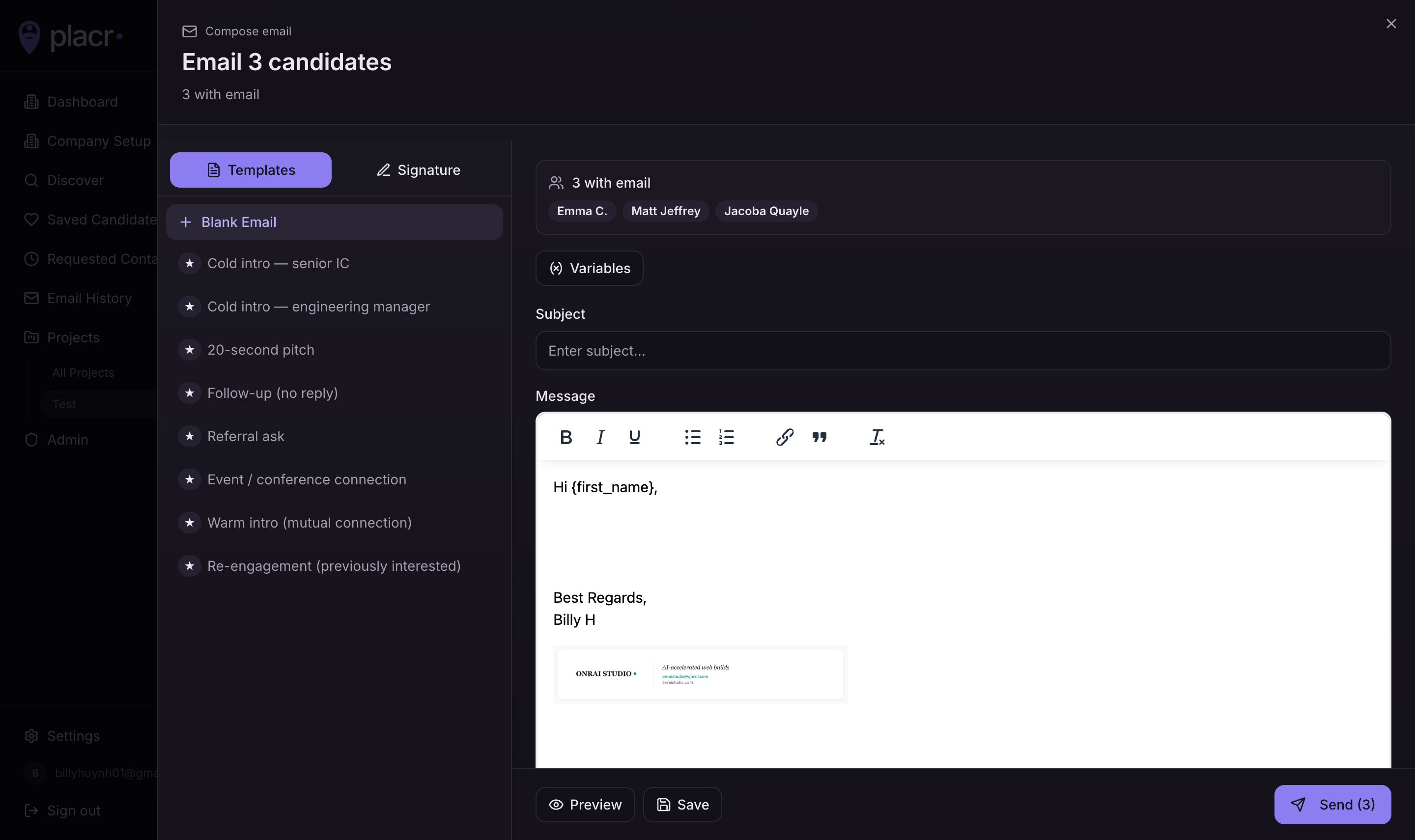 Compose outreach in-app — templates, signature, and merge variables.