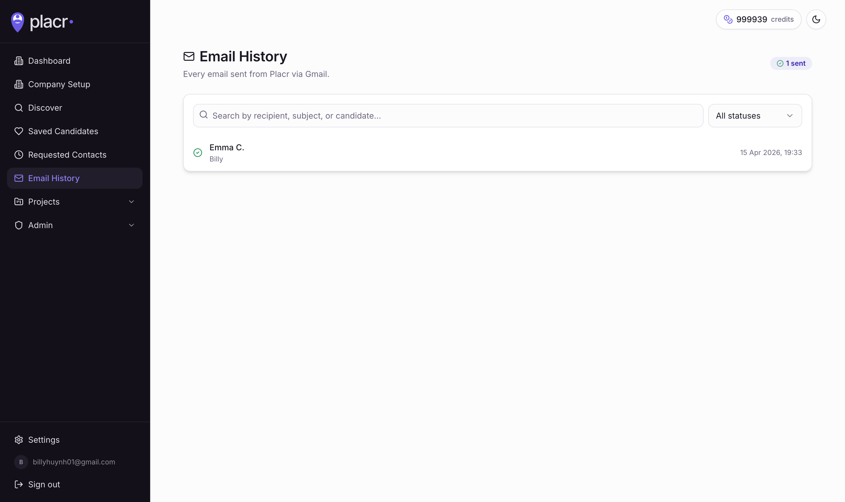 Email history — every Gmail send, searchable by recipient or subject.