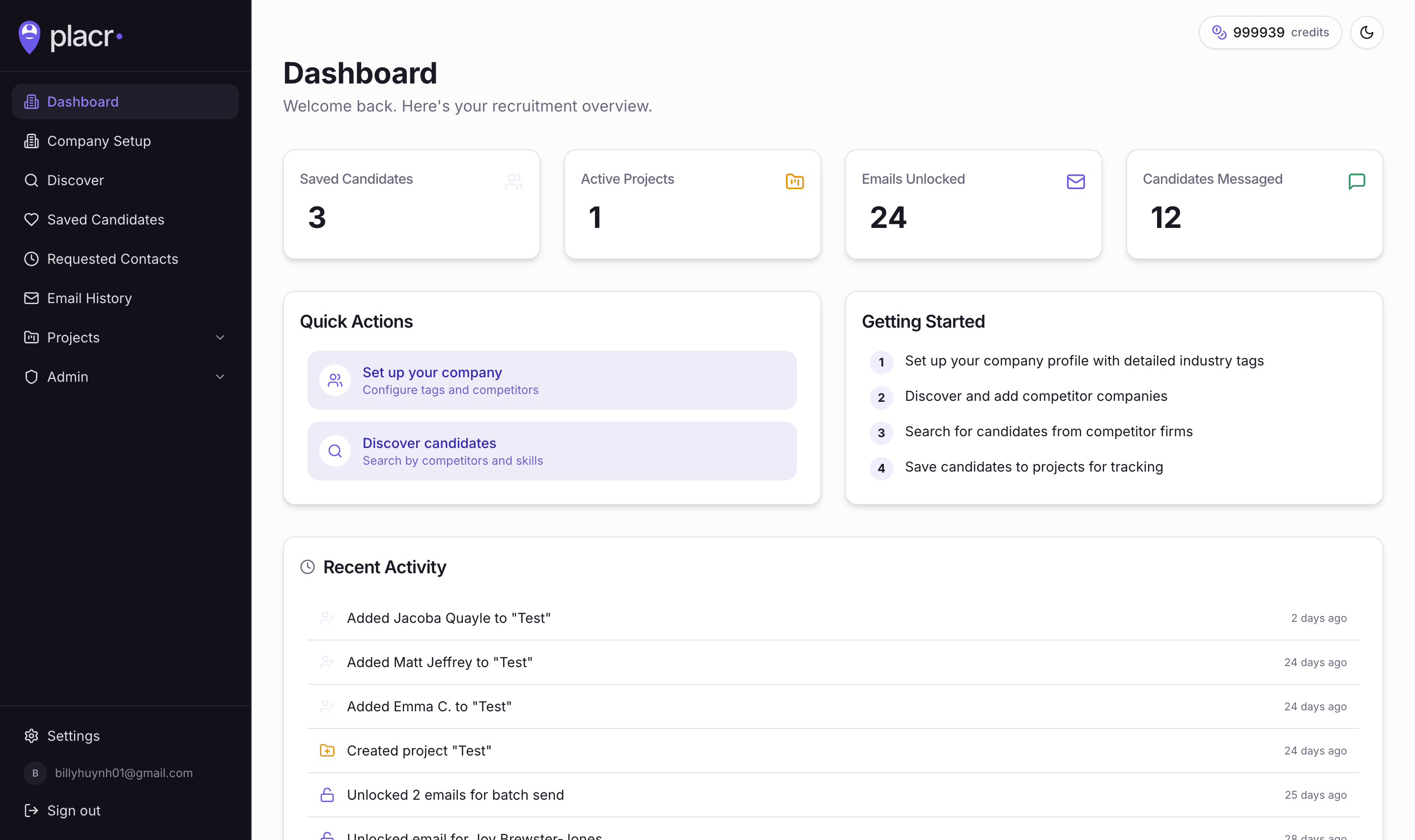 Placr dashboard — recruitment overview with KPI cards and recent activity