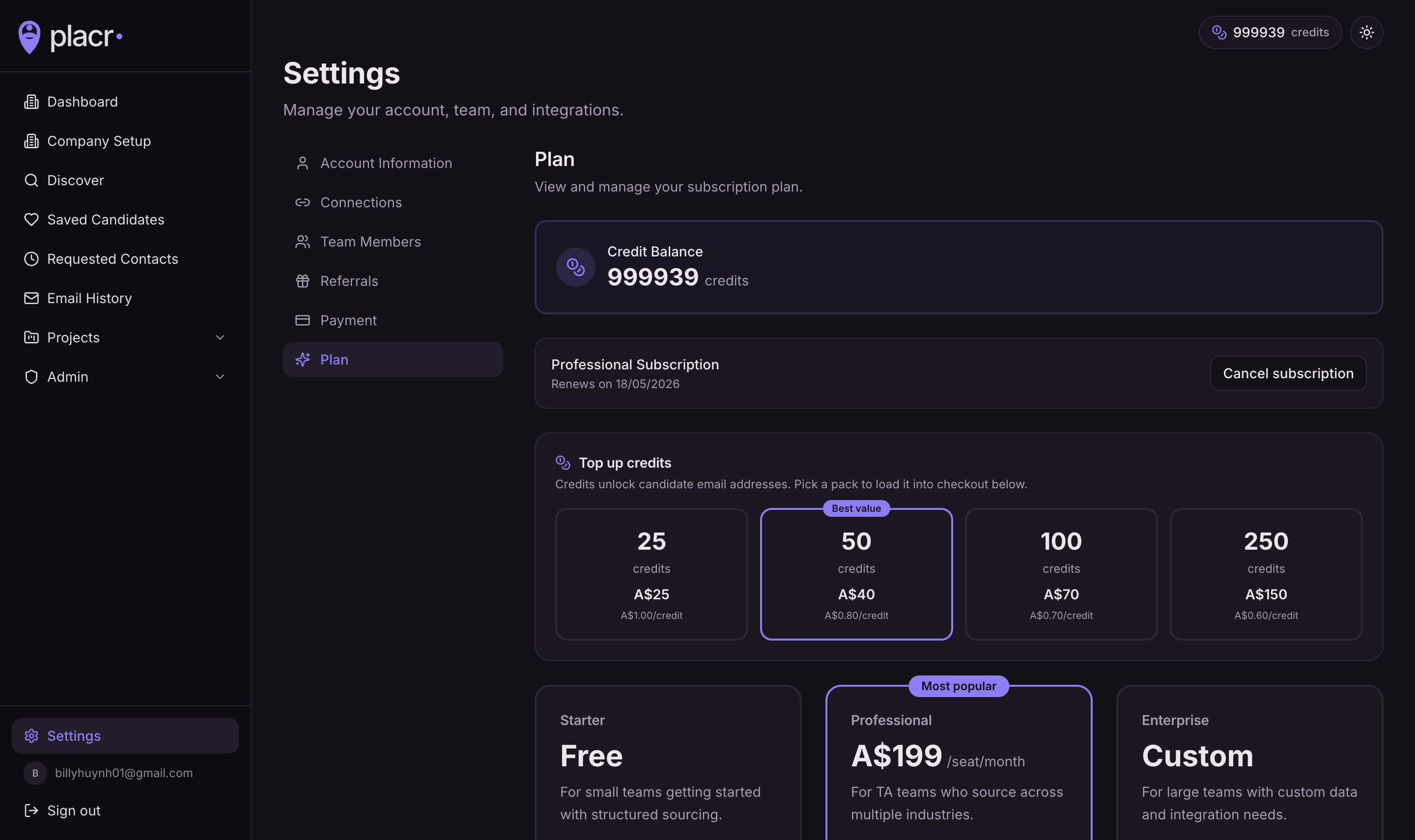 Tiered plans plus credit packs for email unlocks.