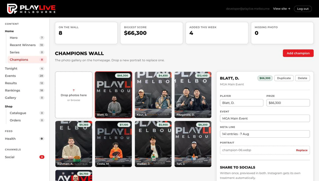 The champions wall — drop a portrait to replace one.