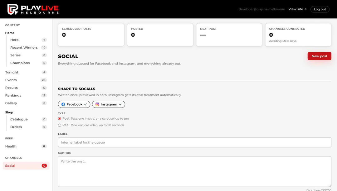Write once, schedule to Facebook and Instagram from one screen.