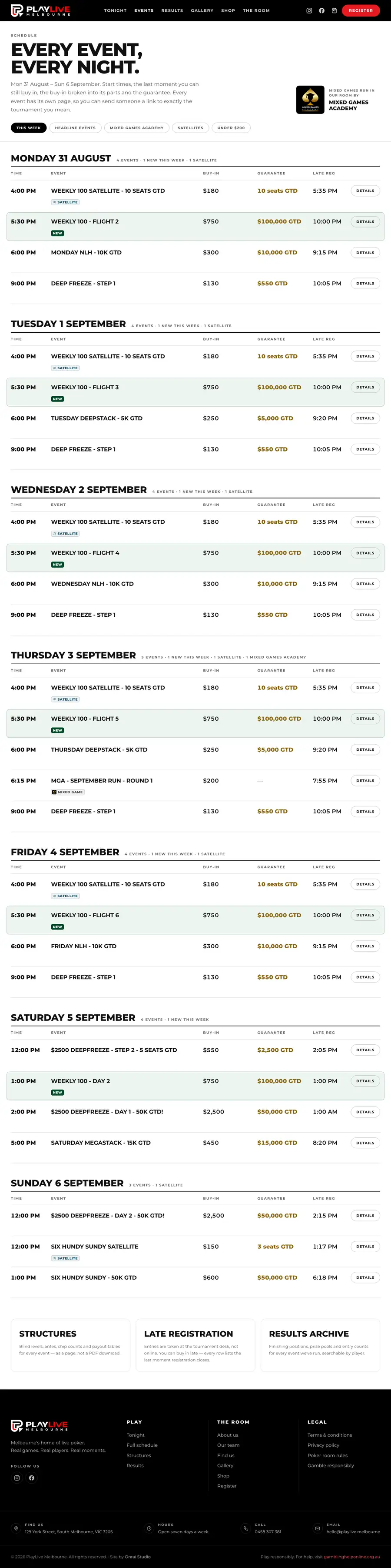 The new PlayLive events page — the full week of tournaments, each linking to its own page