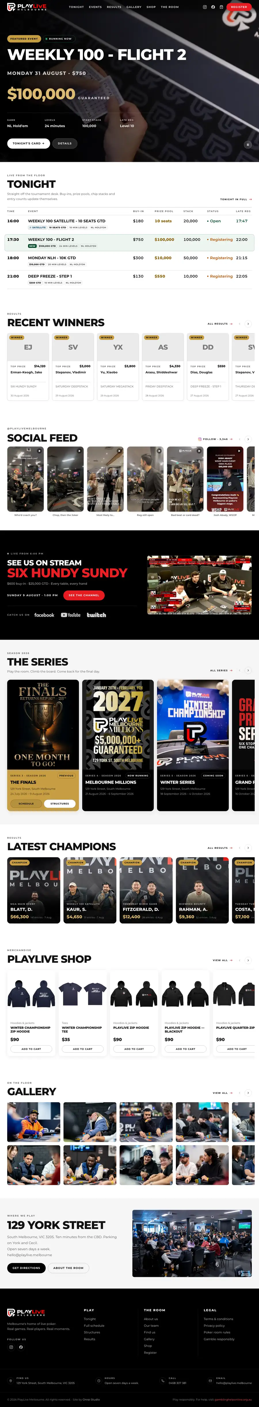 The new PlayLive Melbourne homepage — tonight's featured event over live footage of the room