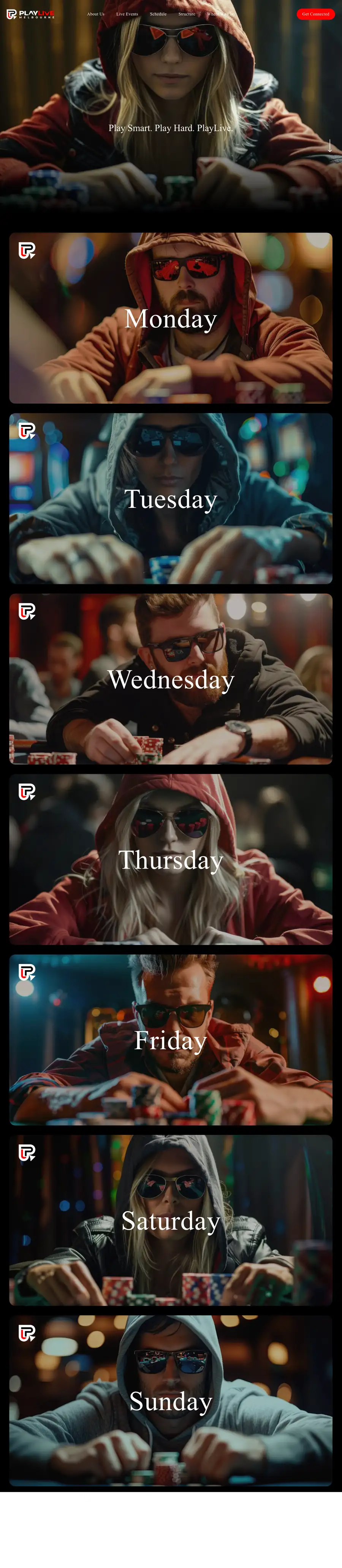 The previous PlayLive Melbourne homepage — "Play Smart. Play Hard. PlayLive." over seven day-of-the-week cards