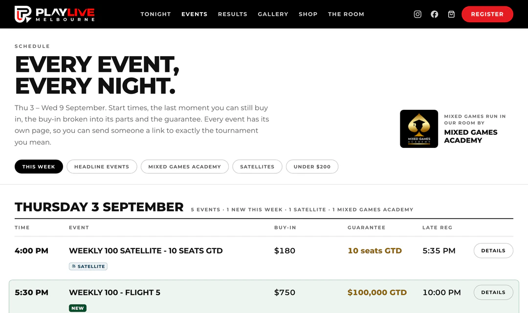 Every event, every night, a week ahead.
