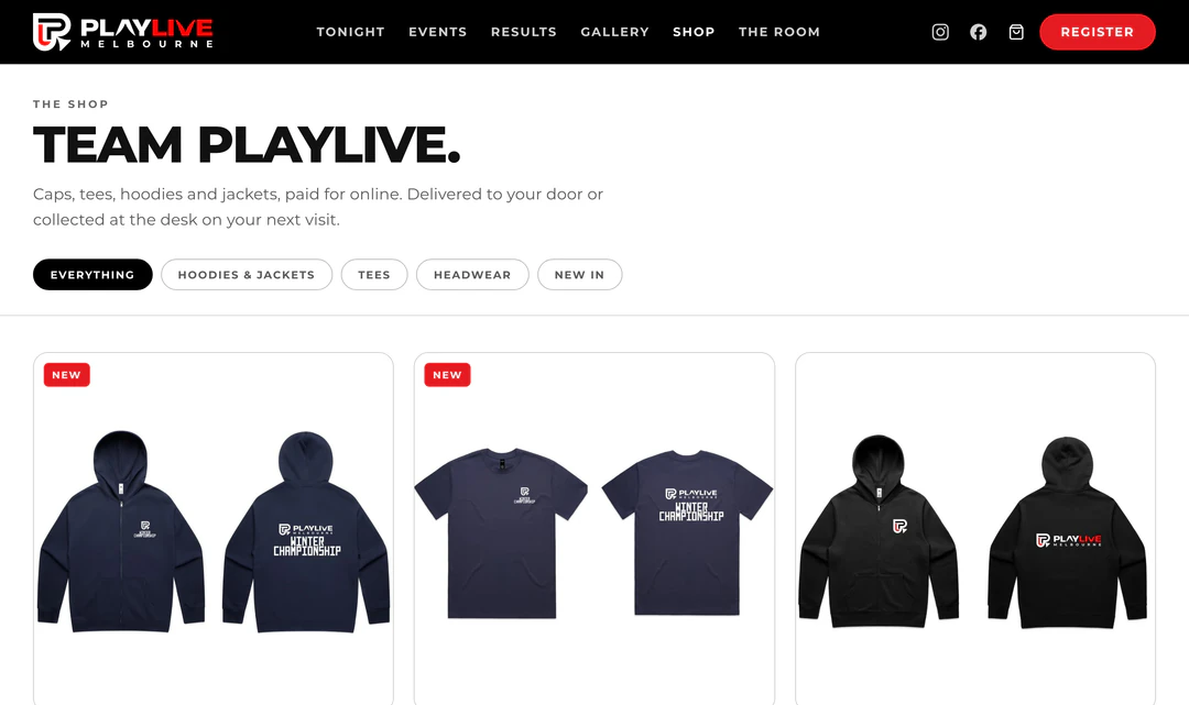 Caps, tees and hoodies, paid for online.