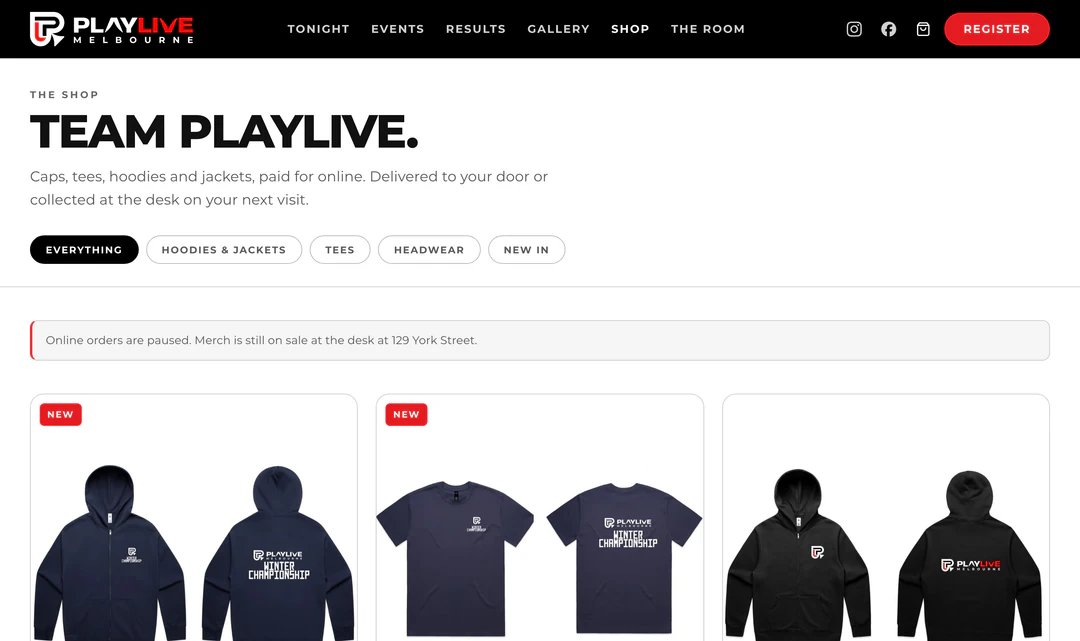 Caps, tees and hoodies, paid for online.