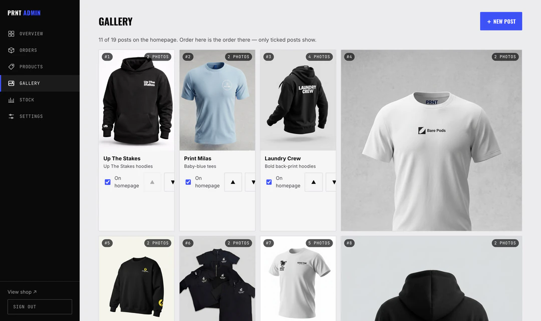 The work gallery — tick a post and it is on the homepage.