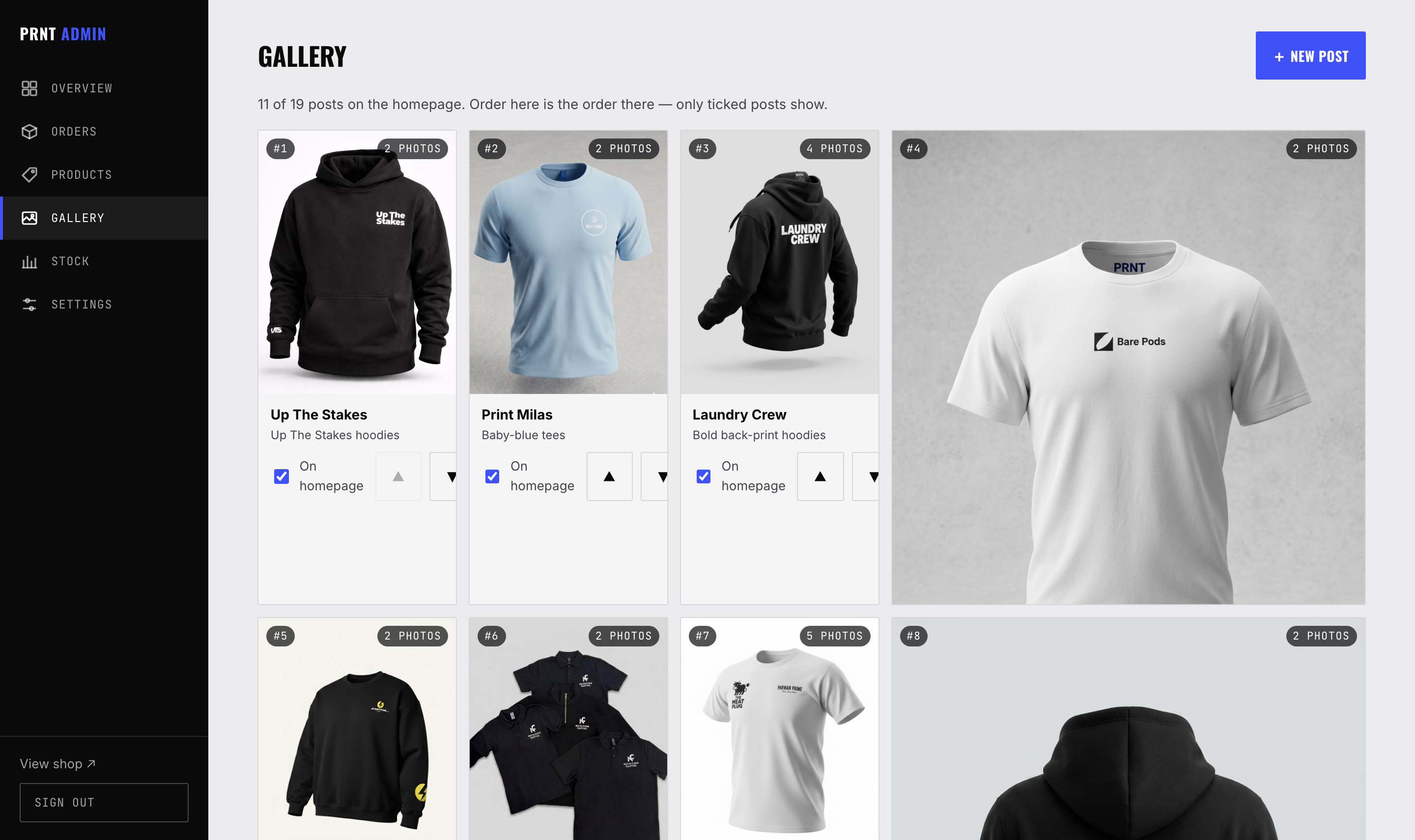 The work gallery. Tick a post and it’s on the homepage.