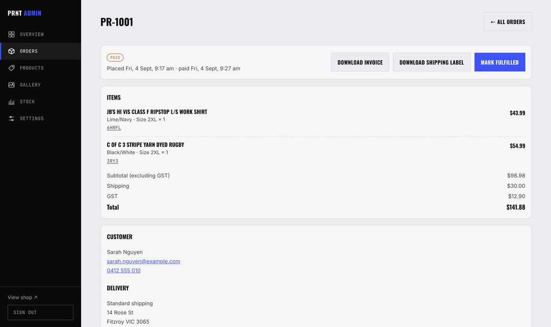 One order — invoice, shipping label and fulfil in a click.