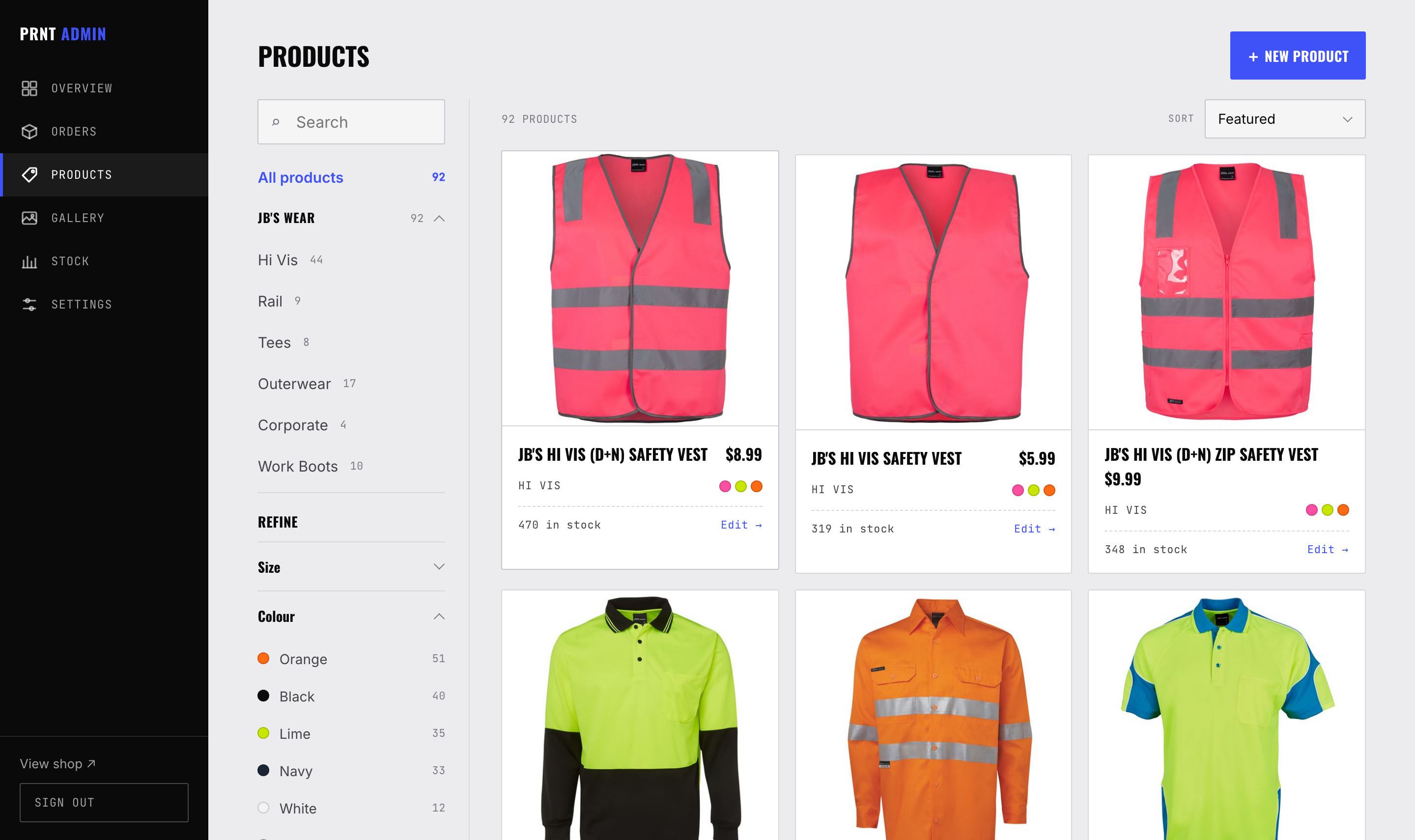 The full catalogue, searchable by category and colour.