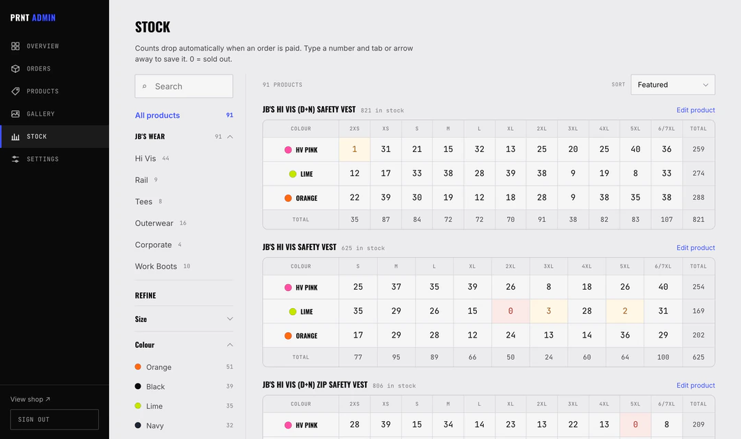 Stock by colour and size — type a number, it saves.