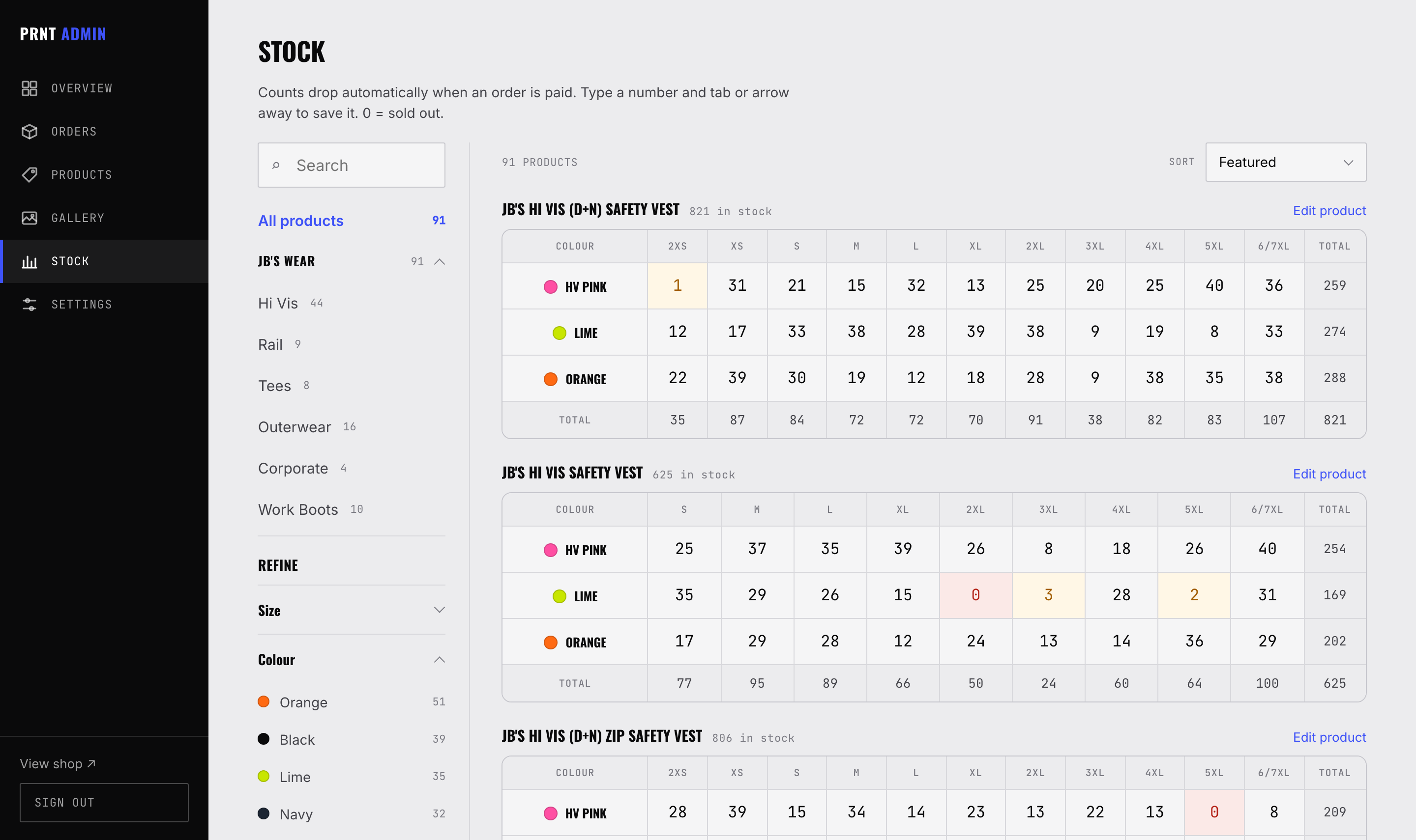 Stock by colour and size. Type a number and it saves.