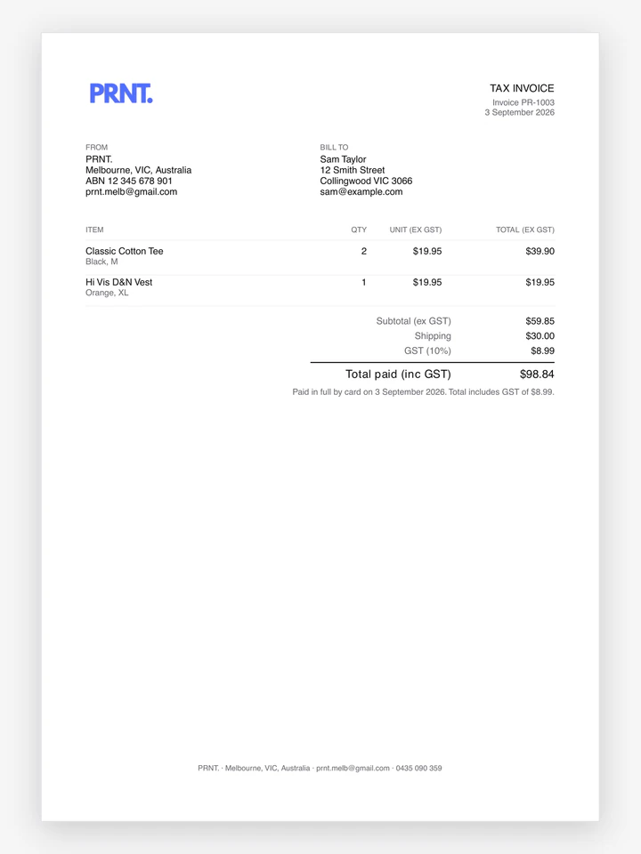 The GST tax invoice, generated as a PDF and attached to the receipt.