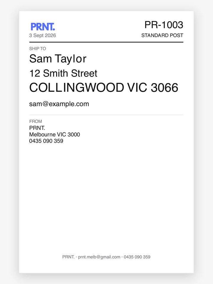 A 100 × 150 mm shipping label, one click from the order.