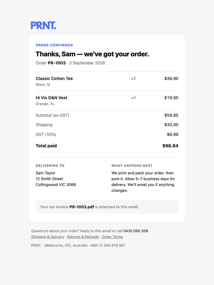 The receipt email — sent through Resend the moment Stripe confirms payment.