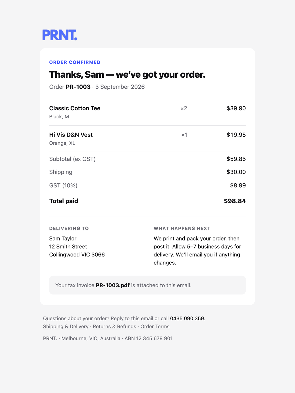 The receipt email, sent once Stripe confirms payment.