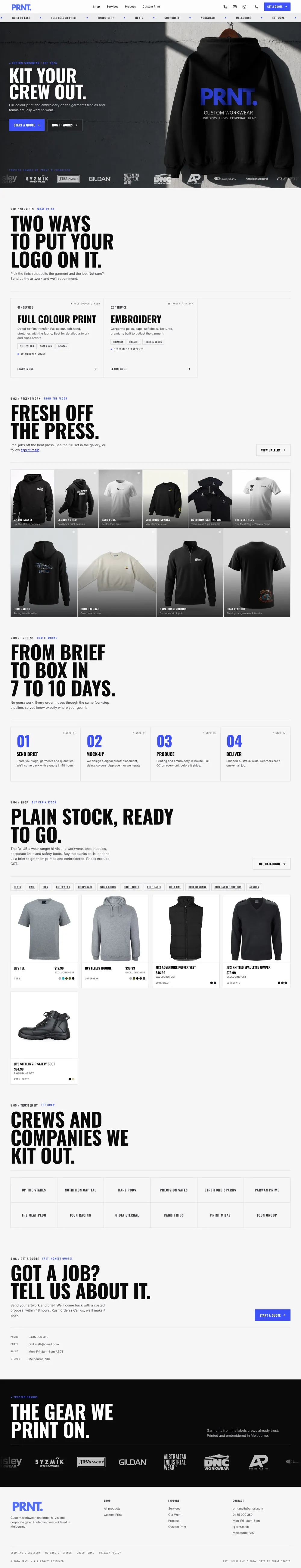 The PRNT. homepage from the hero down: services, recent work, process, shop, clients and the quote call