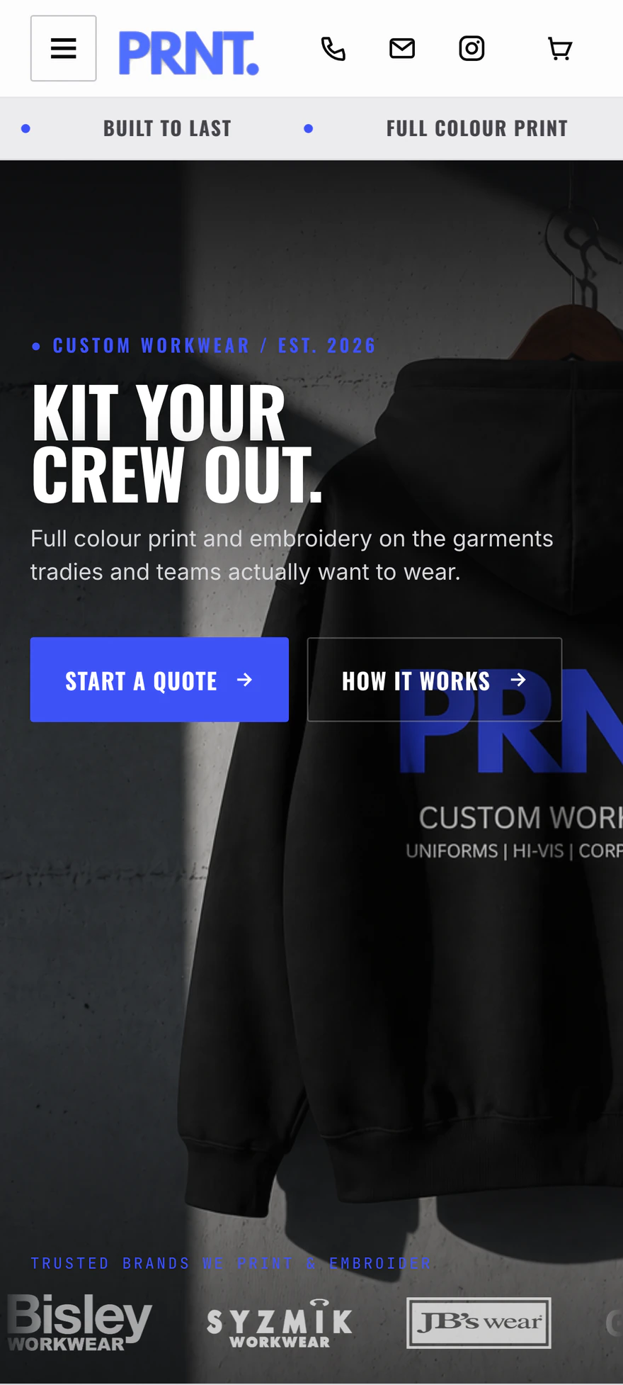 PRNT. homepage on mobile