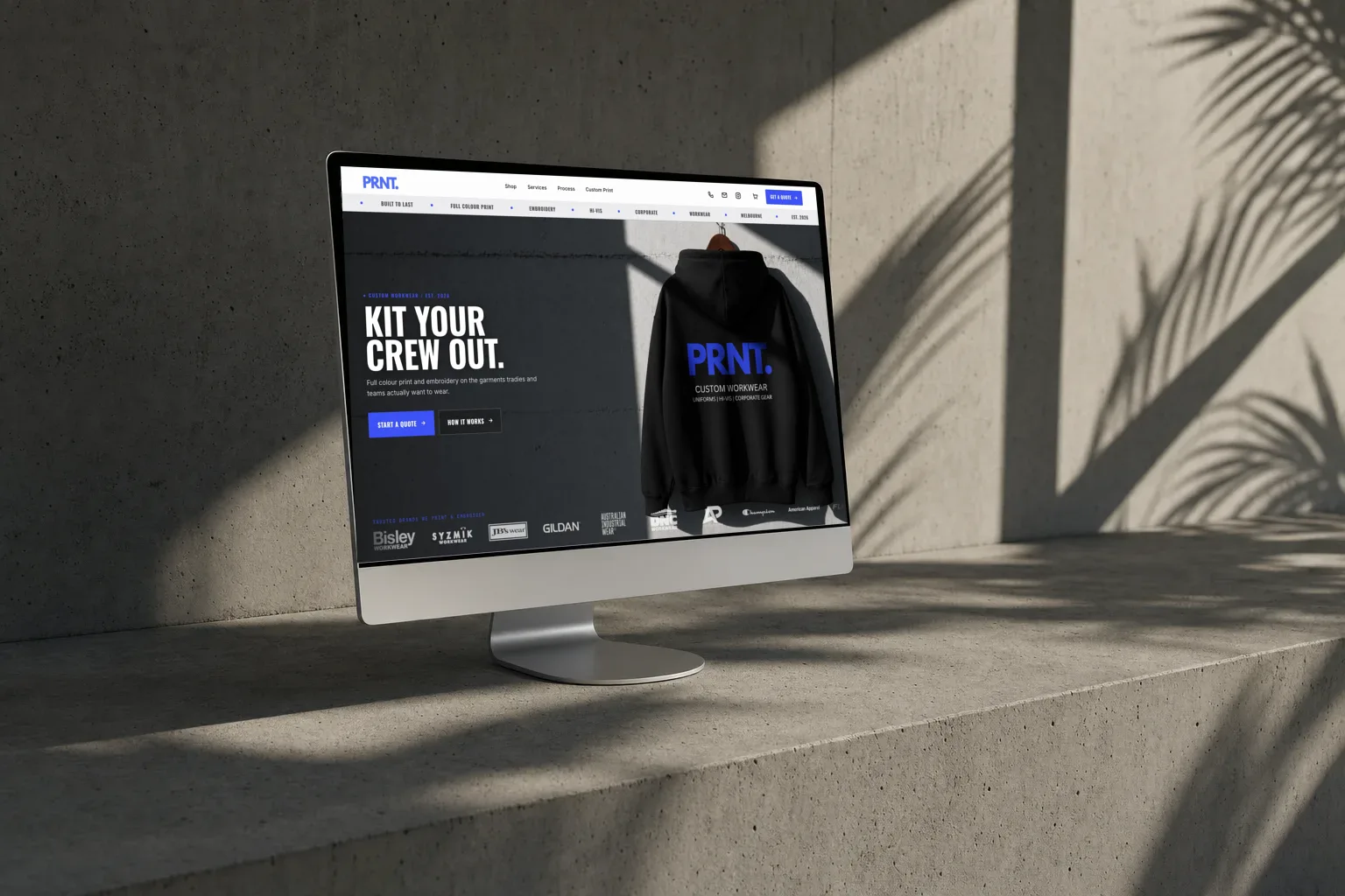 The PRNT. homepage, Kit your crew out, on a desktop screen