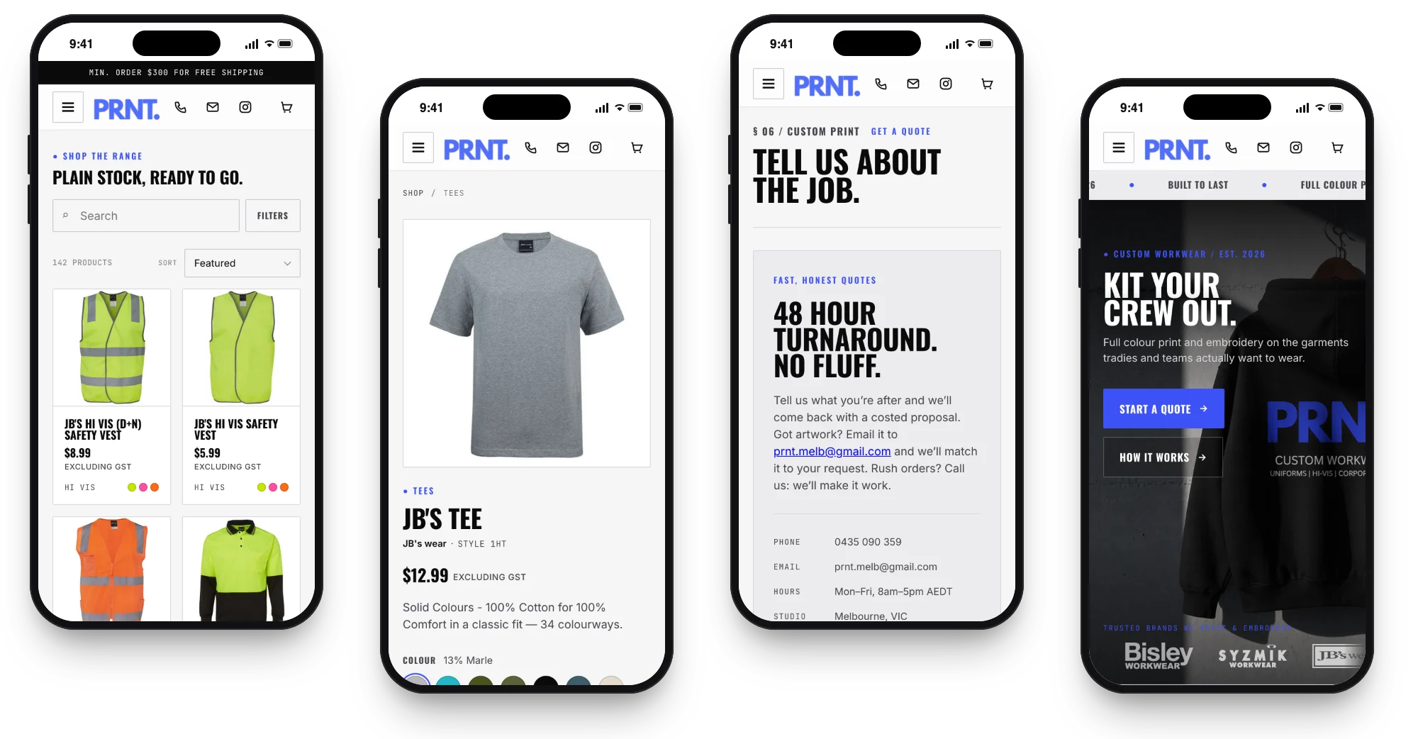 PRNT. on phones: the shop, a tee product page, the quote form and the homepage