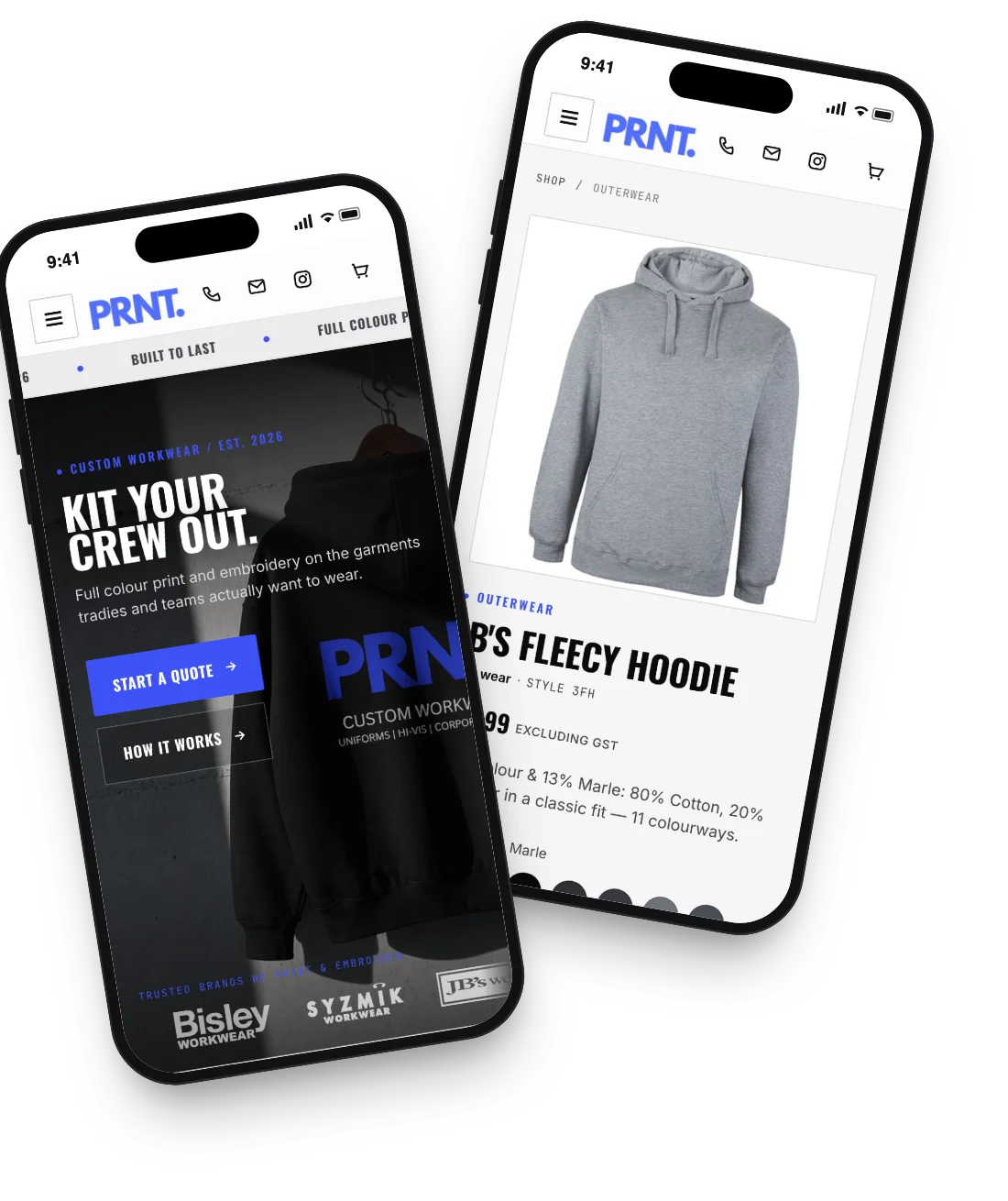 The PRNT. homepage and a hoodie product page on two phones