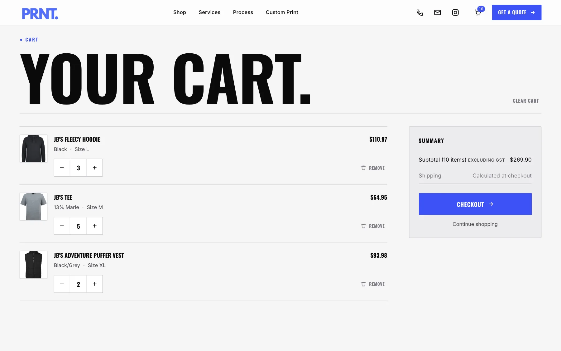 PRNT. cart with three garments, quantity steppers and a subtotal ex GST