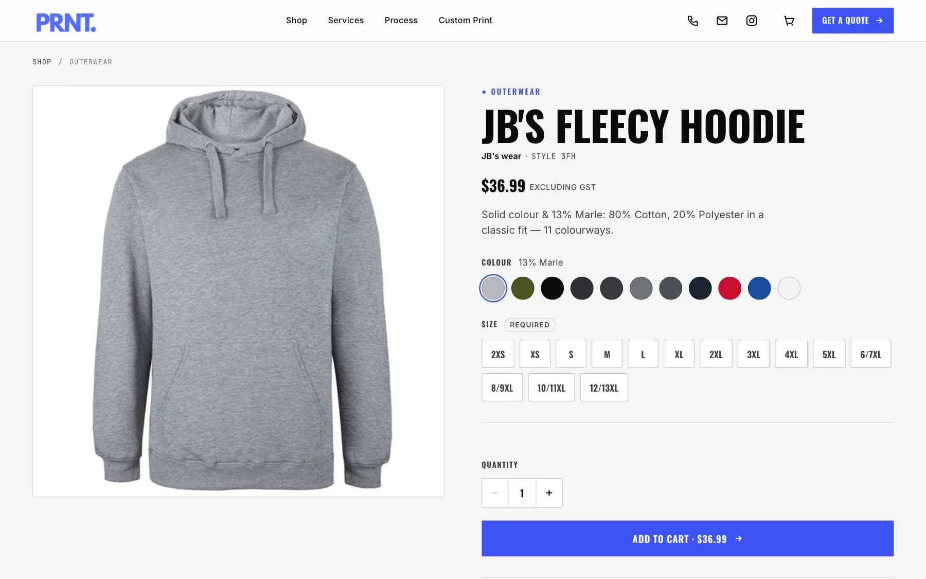 PRNT. product page for the JB’s Fleecy Hoodie: eleven colour swatches, sizes 2XS to 12/13XL and Add to cart