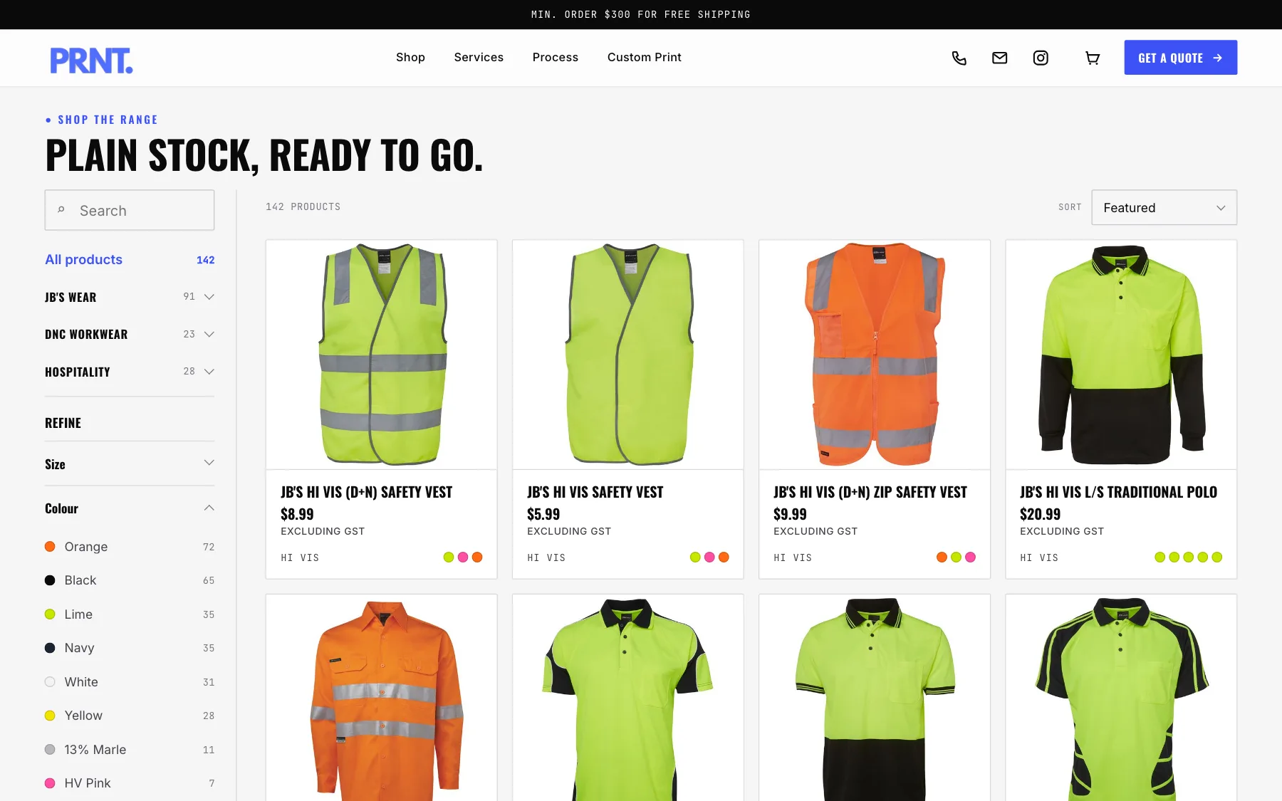 PRNT. shop page: Plain stock, ready to go, with 142 products and brand, size and colour filters