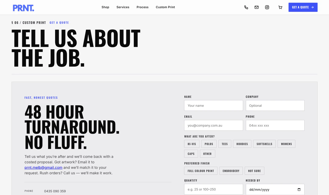 Custom quote builder with artwork upload.
