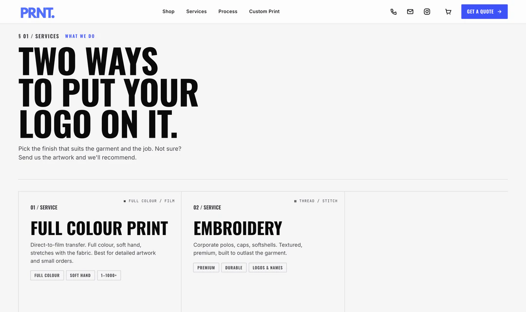 Three finishes — print, embroidery, and screen print.