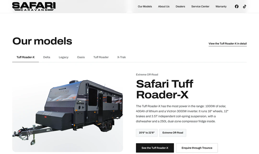 The range on the homepage, one model per tab.