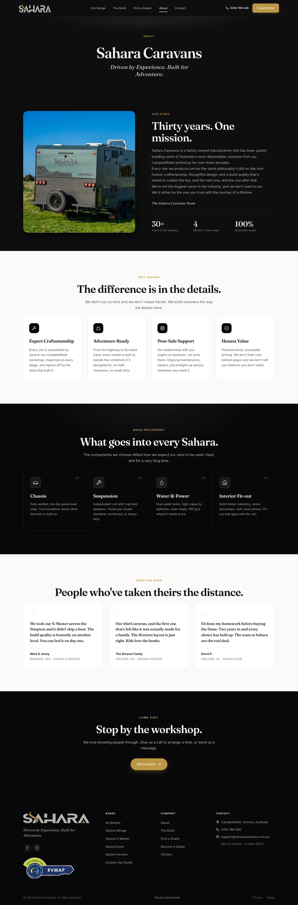The Sahara Caravans about page from the hero down: their story, why Sahara, what goes into every van and reviews
