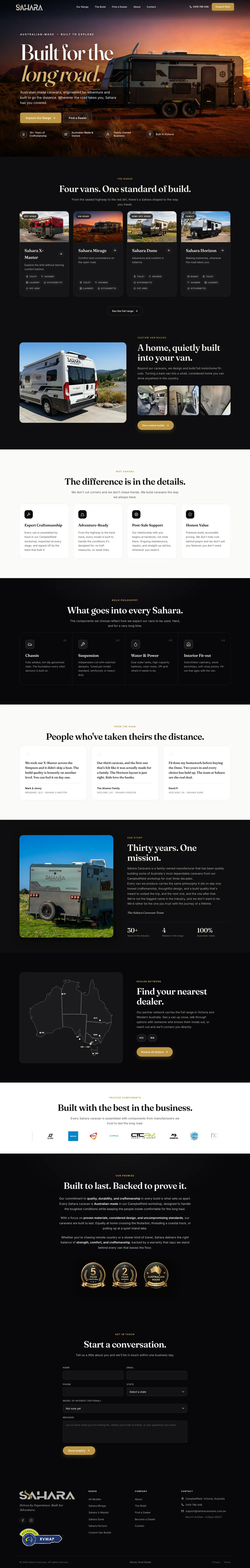 The Sahara Caravans homepage from the hero down: the range, custom builds, build philosophy, reviews, the dealer map and the enquiry form