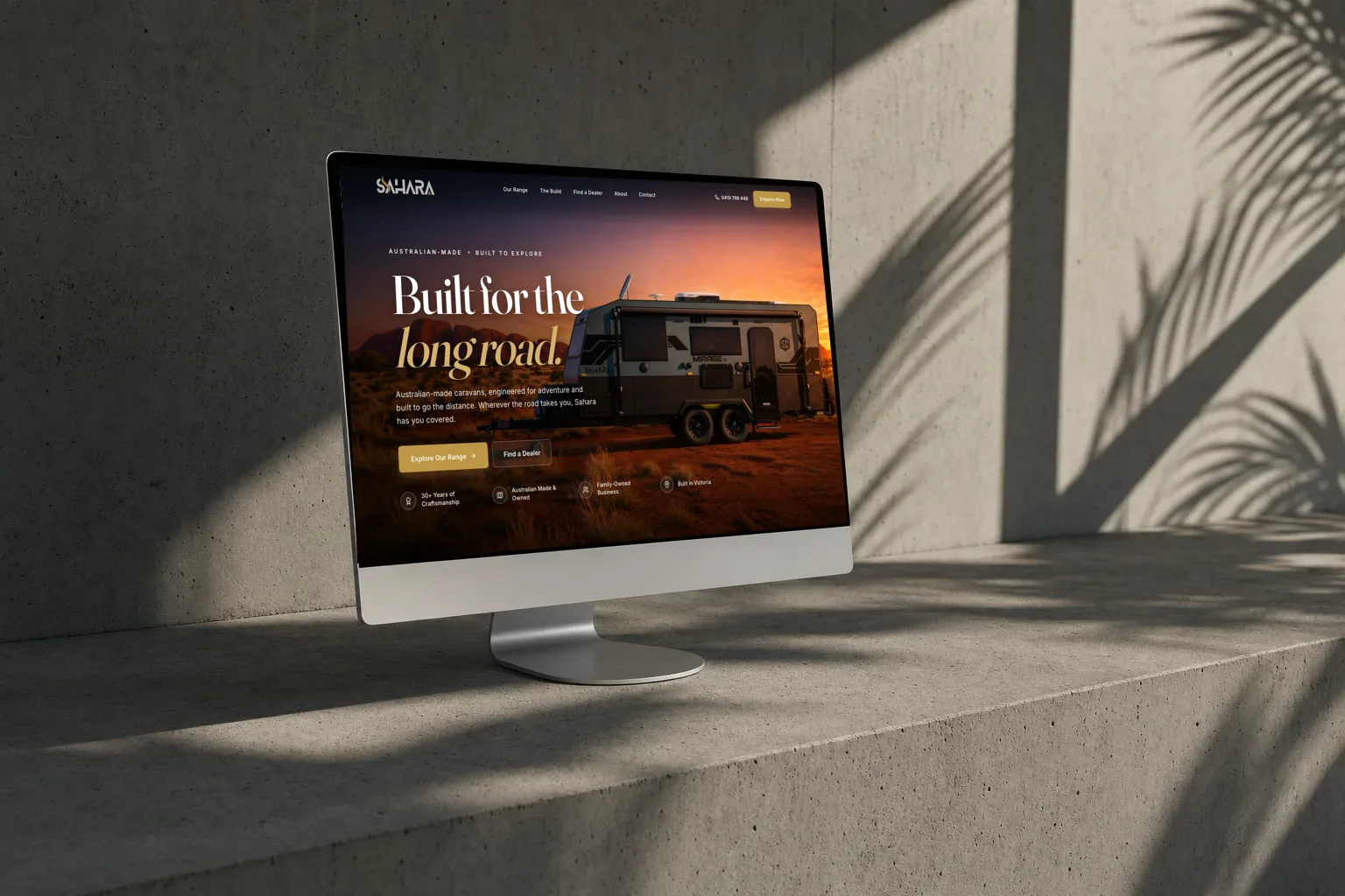The Sahara Caravans homepage, Built for the long road, on a desktop screen
