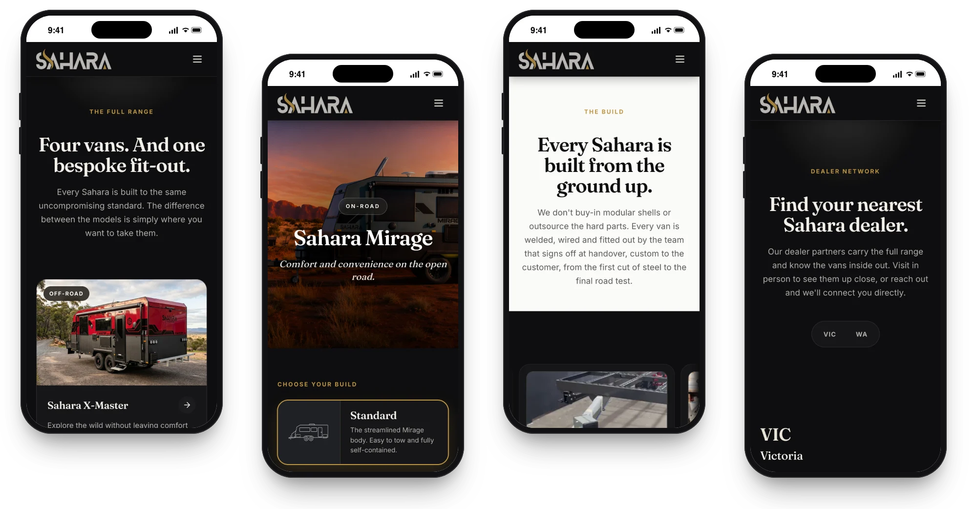 Sahara Caravans on phones: the range, the Mirage model page, the build and the dealer finder